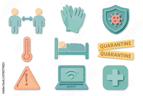 Health and safety measures in 3d style featuring quarantine, hygiene, and precaution symbols