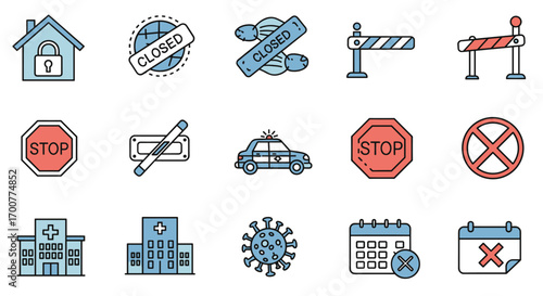 Icon set of closed signs, barriers, and safety symbols with blue and red accents
