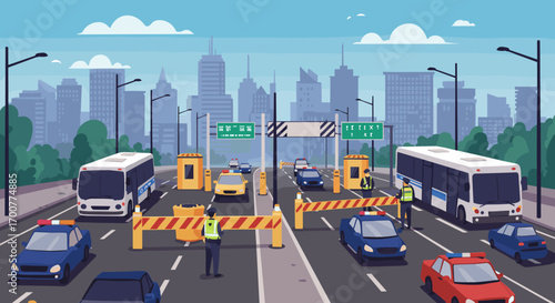 Urban traffic jam with police checkpoint on busy highway in city