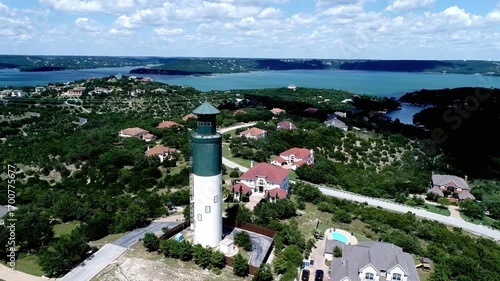 Aerial view of the lighthouse at the lake travis in austin, texas on a sunny day