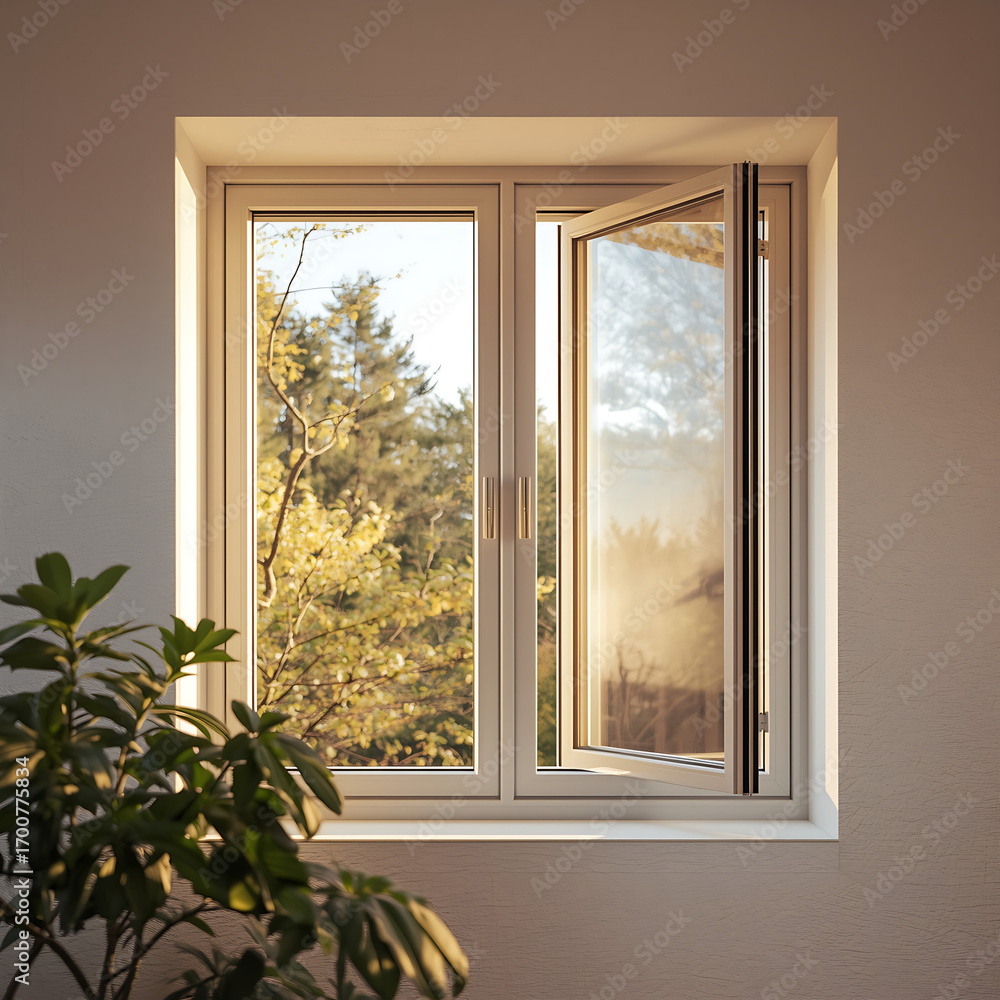 Obraz premium Modern double-glazed windows allow sunlight and fresh air to enter, enhancing the efficiency of Generative AI.
