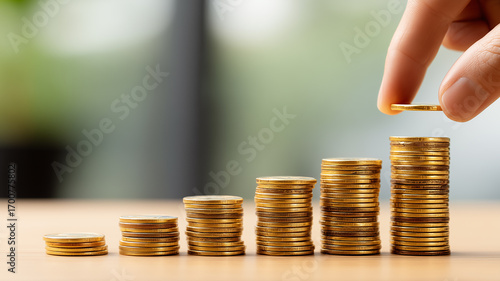 A hand stacking coins portrays savings discipline and wealth accumulation, conveying financial planning progress and the steady path toward security and independence.
