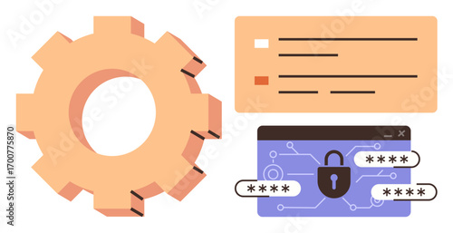 Gear for system settings, browser window with lock and password fields for cybersecurity, and color-coding interface. Ideal for technology, data security, user settings, digital privacy, IT tools
