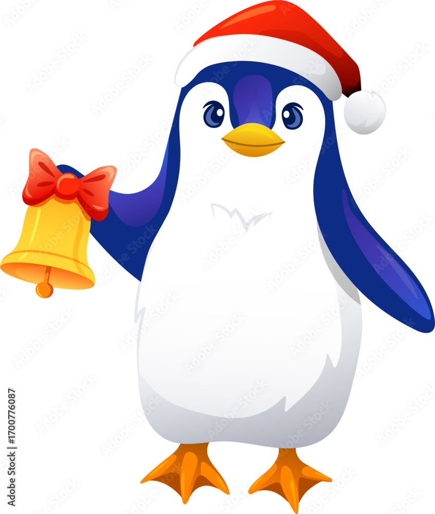 Obraz premium Cute penguin holding golden Christmas bell, flat vector illustration in festive style