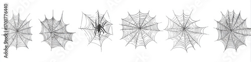 Six minimalist, radial spider web illustrations in a horizontal row, depicting various designs.