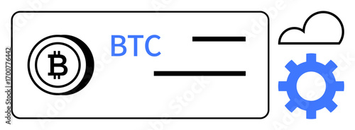 Bitcoin logo and BTC label on digital wallet interface with minimal elements, cloud, and gear icon. Ideal for cryptocurrency, blockchain, fintech, digital solutions, cloud-based tools, software