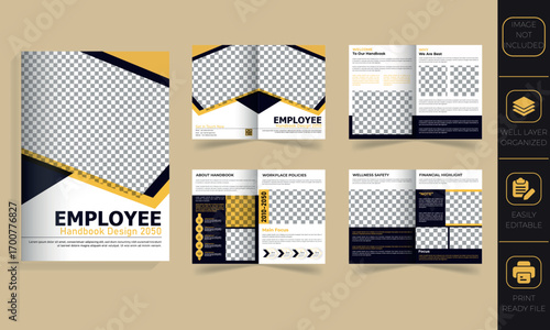 8-page corporate employee handbook brochure, Magazine, Report Design with modern corporate style, editable and business-focused pages for workplace policies, safety, and financial highlights.