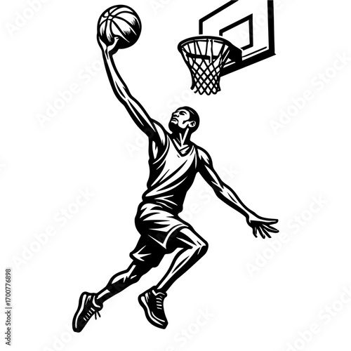 Basketball player jumping for a slam dunk with exaggerated stretch