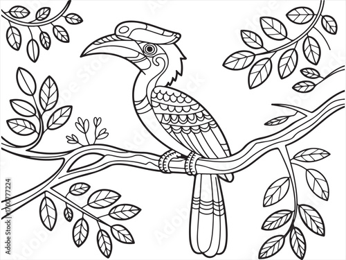 Black and white line art hornbill illustration with leaves for coloring