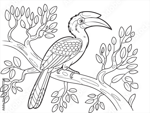 Hornbill bird coloring page with detailed feathers, perched on tree branch with leaves, black and white line art illustration of exotic wildlife for kids and adults printable activity sheet