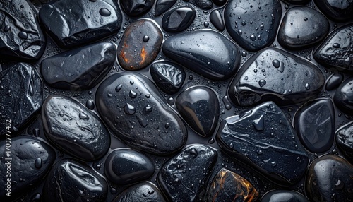 Close up of wet dark grey river stones with water droplets.