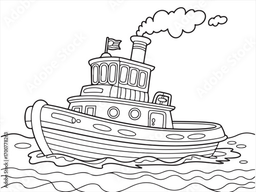 Black and white line art illustration of steam tugboat on water