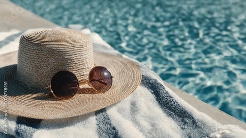 Wallpaper Mural A straw hat and sunglasses placed on the edge of a swimming pool with sparkling water. Torontodigital.ca