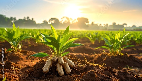 A vibrant field of young ginger plants sprouts from rich, dark soil under a bright sunrise.