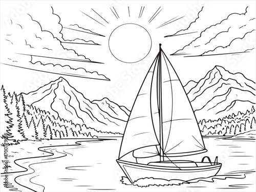 Sailboat on lake with mountains and sun outline drawing coloring page
