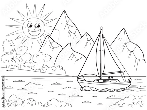 Sailboat on water with mountains, trees, clouds, and smiling sun coloring page, black and white line art illustration for kids and adults relaxing nautical printable activity sheet