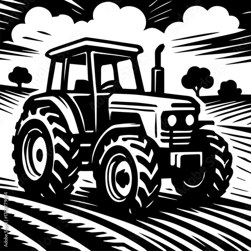 Tractor in farmland style with big wheels and simple body