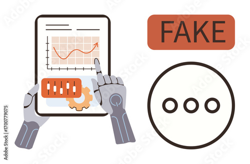 Robotic hands interact with a tablet displaying falsified growth data as a FAKE alert looms above. Ideal for data manipulation, AI ethics, misinformation, cybersecurity, artificial intelligence, fake