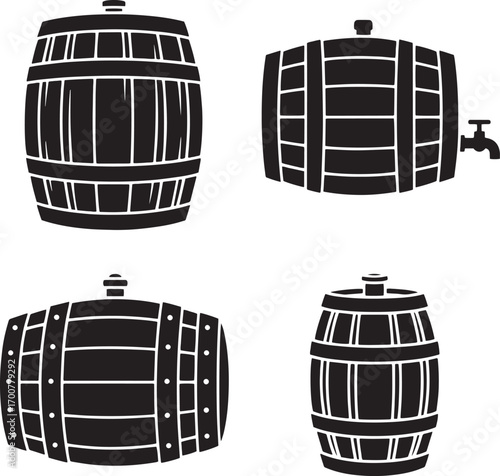 Beer Barrel and Whiskey Keg Silhouette Set – Wooden Cask Vector Icons for Brewery, Pub, and Distillery Designs