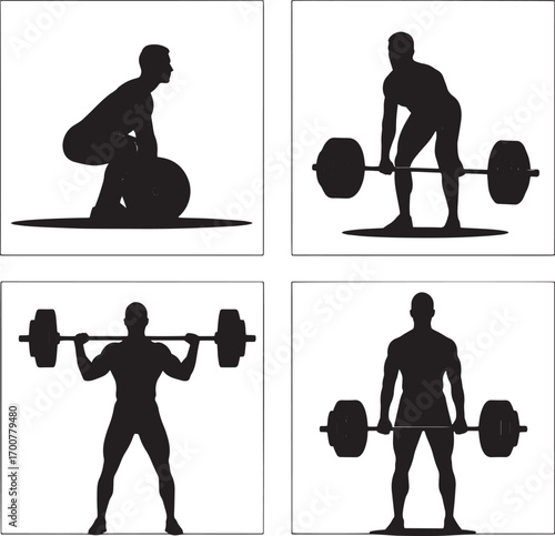Weightlifting Silhouette Set – Barbell Squat, Deadlift, and Fitness Training Vector Icons