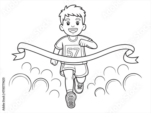 Cartoon child athlete crossing finish line printable coloring sheet