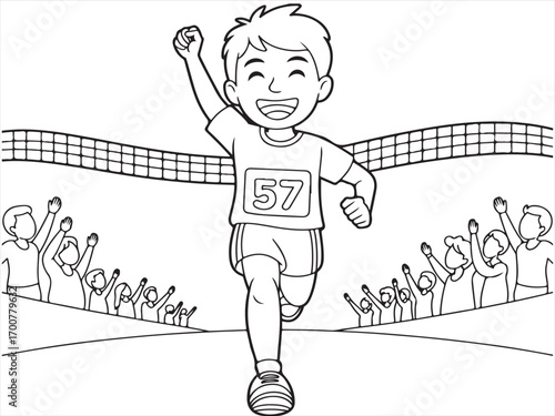 Happy boy running through finish line coloring page illustration with cheering crowd in background, black and white cartoon line art drawing for kids activity, printable sports competition coloring sh