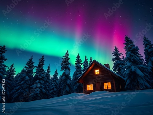 Photorealistic arctic night scene of wooden cabin under aurora borealis.