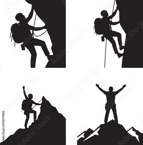 Mountain Climber Silhouette Set – Hiking, Climbing, and Adventure Vector Icons