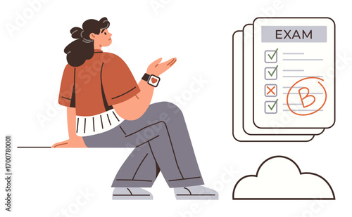 Young woman seated with thoughtful expression beside exam sheets featuring checklist and grade B. Ideal for education, exam review, academic progress, learning, assessment, achievement, examination