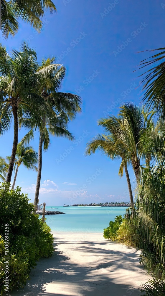 Fototapeta premium A tranquil pathway through lush tropical foliage leads to a serene beach and azure waters.