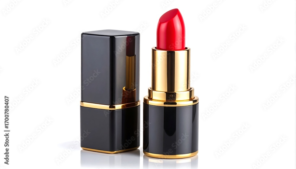 Obraz premium Elegant, crimson lipstick in a sophisticated black and gold container, presented on a bright white background.