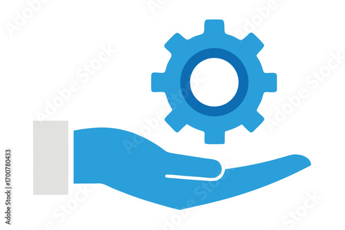 Blue hand holding a gear, conceptual image for service and technology