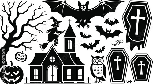 Flying witch and haunted church with bats, coffins, pumpkins, and owl – spooky Halloween vector illustration in black and white
