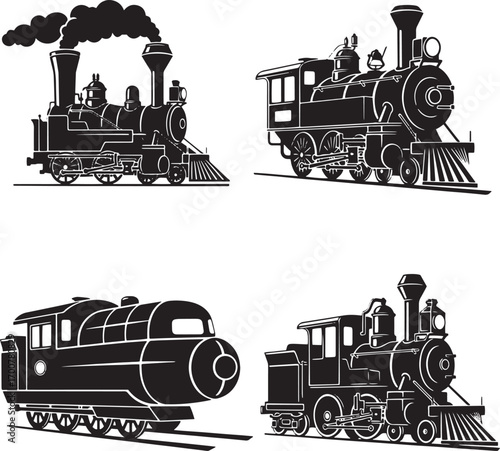 Steam Locomotive Silhouette Set – Vintage Classic Trains Vector Icons