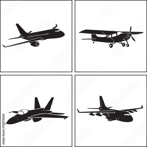 Aircraft Silhouette Set – Airplane, Propeller Plane, Fighter Jet, Cargo Plane Vector Icons