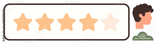 Five-star rating scale with four stars highlighted, user profile, and review feedback element. Ideal for evaluation, feedback, satisfaction, product review, rating systems, customer experience