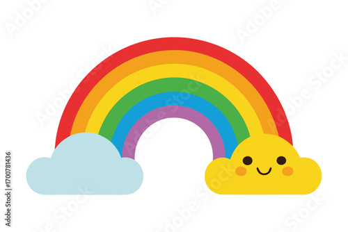 Cute colorful rainbow with smiling cloud characters on both ends illustration