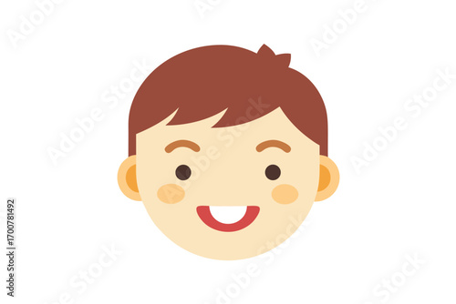 Illustration of a smiling cartoon young boy with brown hair and tan skin