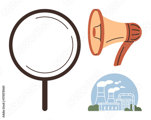 Magnifying glass, megaphone, and industrial factory visuals symbolizing analysis, advocacy, and energy. Ideal for research, communication, industry, advocacy environment analysis energy themes