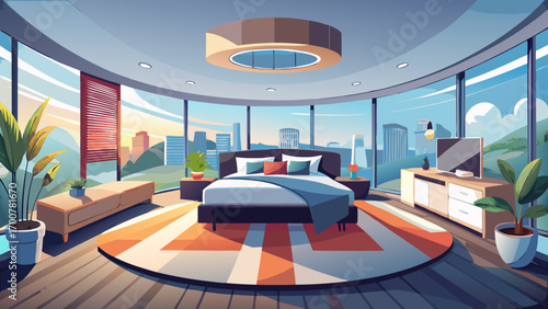 Magnificent 360 panorama of a sleek contemporary bedroom, with a matte black bedframe, pale gray bedding, floor-to-ceiling windows, and minimal decor, blending urban sophistication with tranquil minim