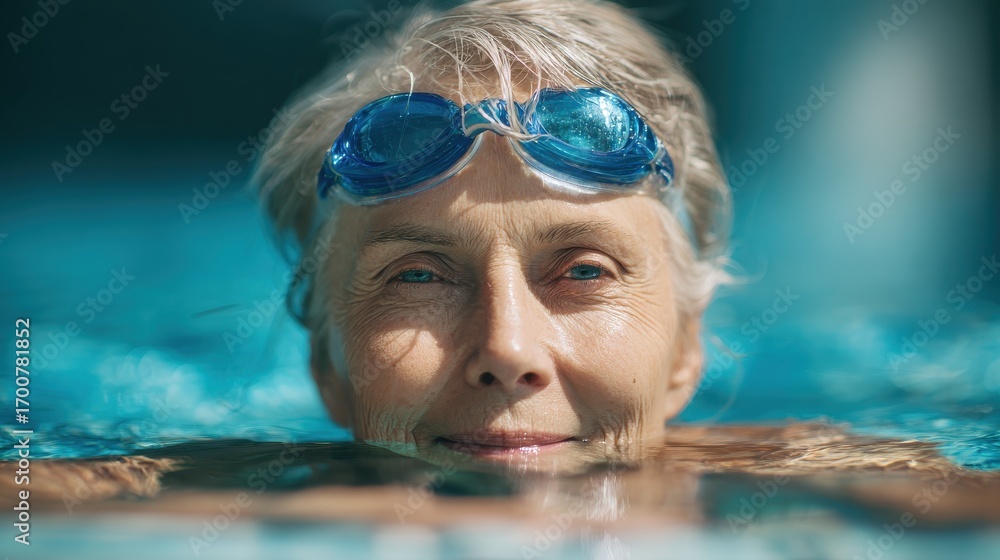 Fototapeta premium mature woman wearing swim goggles at swimming pool fit active senior woman enjoying retirement in swimming pool and looking at camera happy senior healthy old woman enjoying active lifestyle no logo