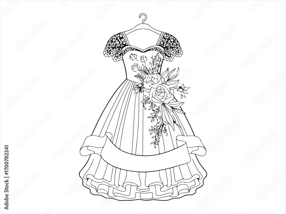 Fototapeta premium Elegant dress coloring page illustration with lace sleeves, floral bouquet, and ribbon banner, black and white fashion line art drawing for kids activity, printable clothing and wedding coloring sheet
