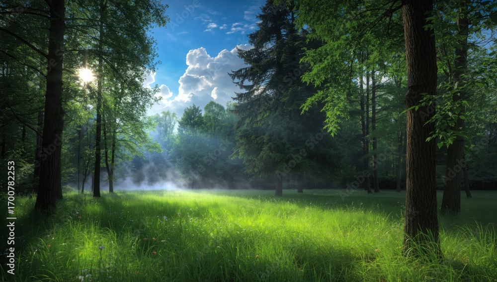 Fototapeta premium Sunlight streams through trees in a lush green forest with morning mist rising