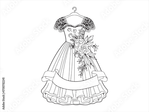 Elegant dress coloring page illustration with lace sleeves, floral bouquet, and ribbon banner, black and white fashion line art drawing for kids activity, printable clothing and wedding coloring sheet