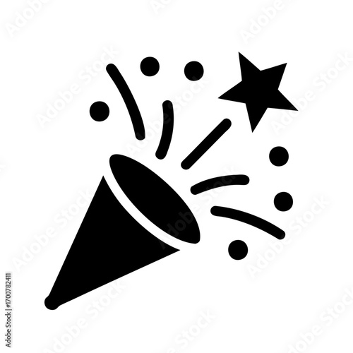 Black and white party popper exploding with star and confetti shapes