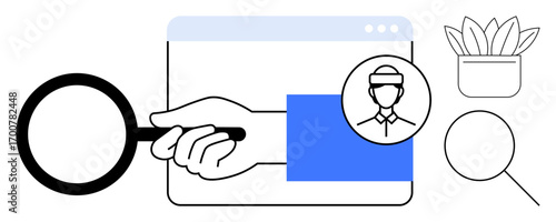 Magnifying glass held by hand, browser window, user avatar, small plant. Ideal for research, user search, recruitment, data analysis identity verification online browsing inspection concepts. Flat