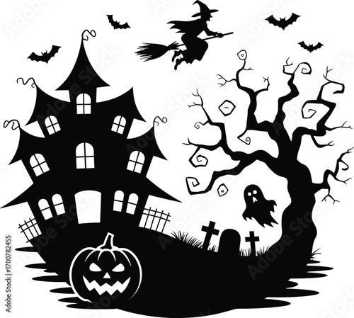 Haunted house Halloween scene with witch, ghost, pumpkin, bats, and graveyard in silhouette style – spooky night design