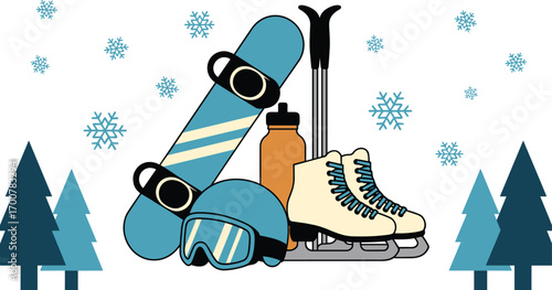 Winter sports gear illustration, snowboard, ice skates, ski poles, helmet, goggles, water bottle, snowflakes, pine trees, holiday activity