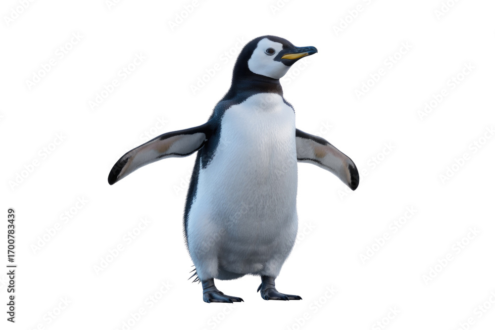 Naklejka premium A cute, fluffy Chinstrap penguin chick stands against a transparent background, wings slightly spread. background removed