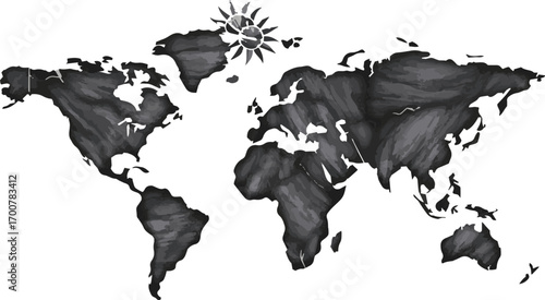 Artistic Watercolor World Map with a Stylized Sunburst Overhead